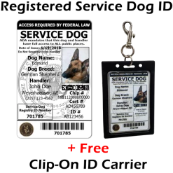 Registered Service Dog ID Card + Clip-On ID Carrier + Free Digital Copy