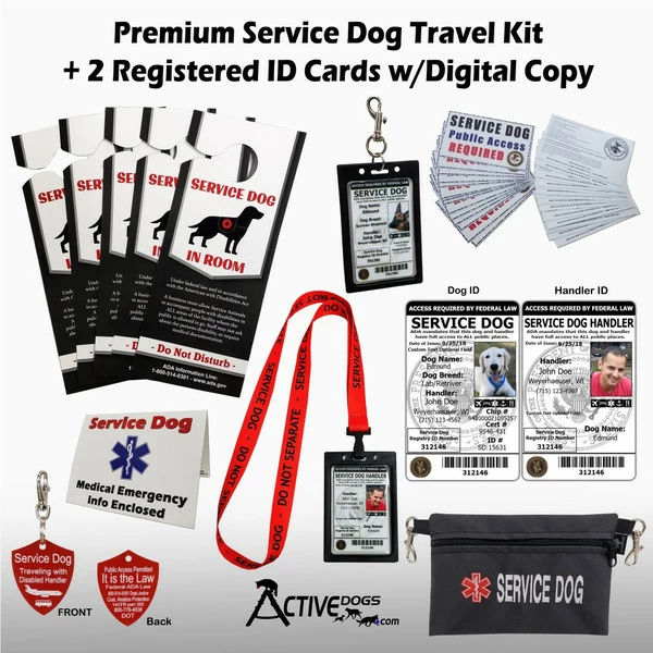 Premium Service Dog Travel Kit + 2 Identification Cards + Travel Tag + Service Dog Pouch + Free Digital Copy 1 Premium Service Dog Travel Kit + 2 Identification Cards + Travel Tag + Service Dog Pouch + Free Digital Copy